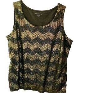 Coldwater Creek Soft Knit Sleeveless Dark Green Chevron Sequin Tank.  XL-16